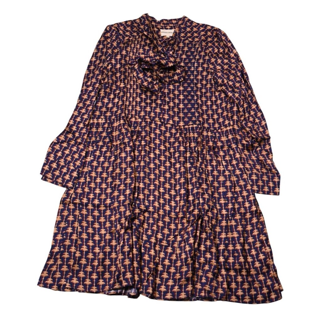 Maria de la Orden Tie Neck Dress in Blue Palm Print